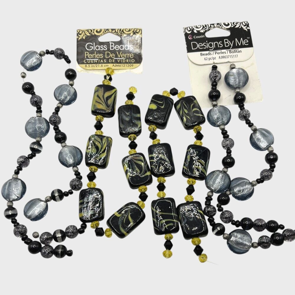 Lot Art Glass Beads Black Yellow Swirl Silver Tone Foil Jewelry Craft Lampwork